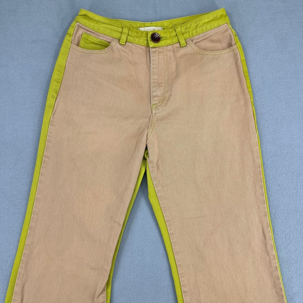Paloma Wool Women Lime Green Tan Two Tone Colorblock Straight Leg Pants Size 36 - Picture 2 of 14